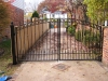 Wrought Iron Arched Driveway Gate with Up and Down Finials, Rings and Basket Design